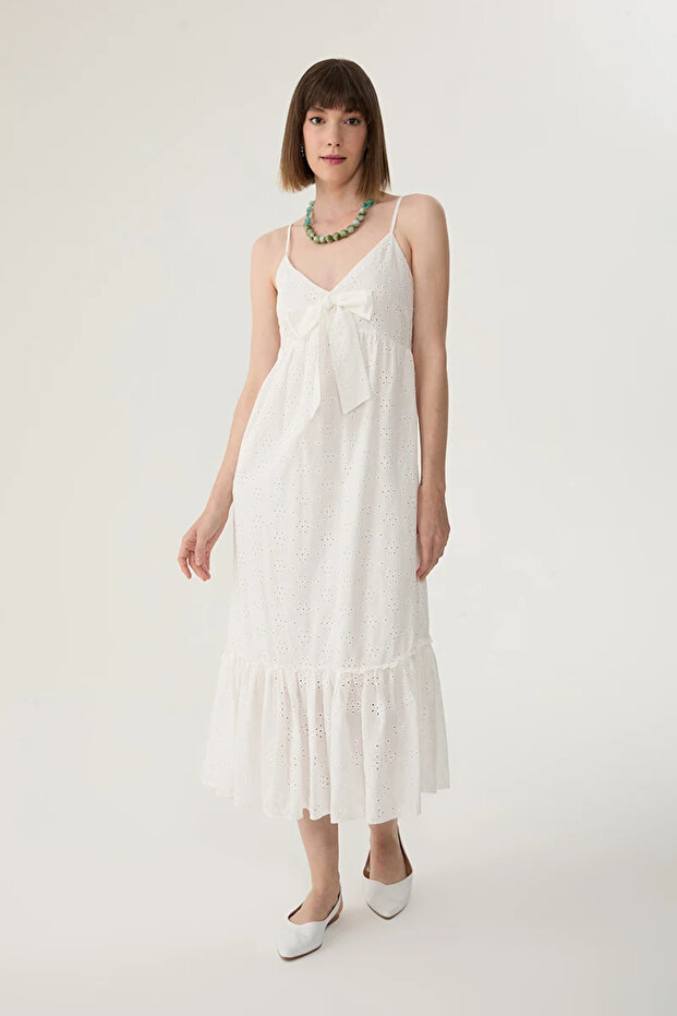 White Embroidery Dress - Thin Straps and Bow