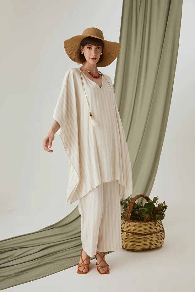 Striped Linen Textured Kimono -Ecru