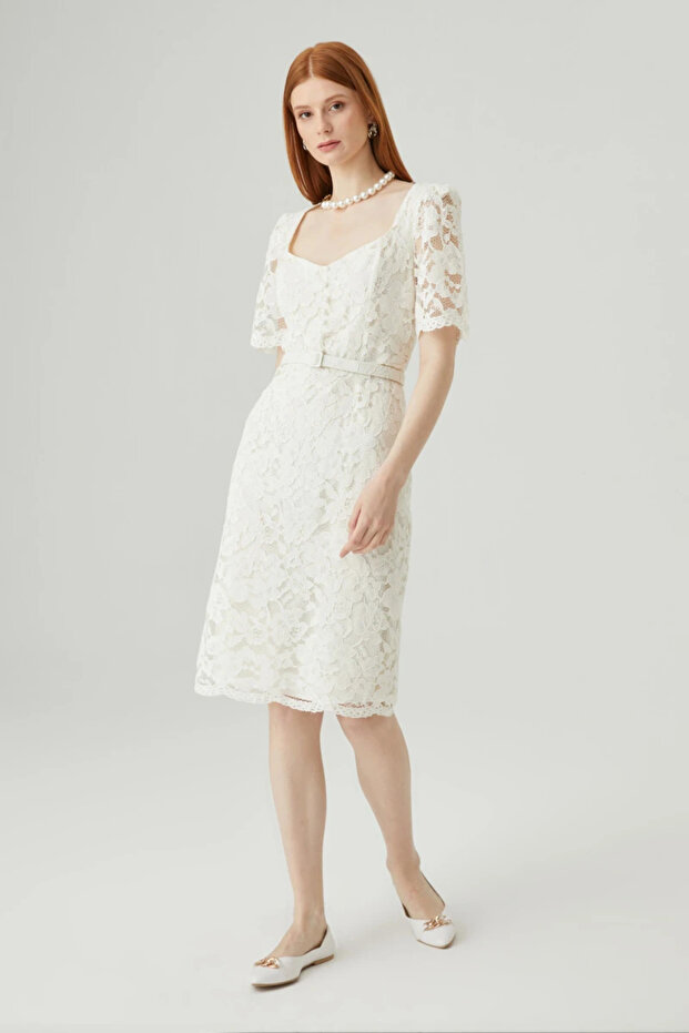 White Short Sleeve Lace Dress