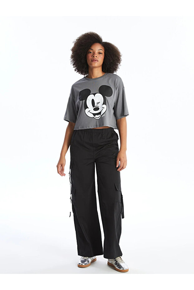Mickey Mouse Printed Crew Neck Oversize Women's Crop Q - Short Sleeve