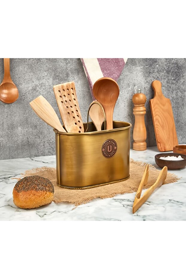 Mag Home Countertop 2-Compartment Metal Gold Decorative Organizer Spoon Holder