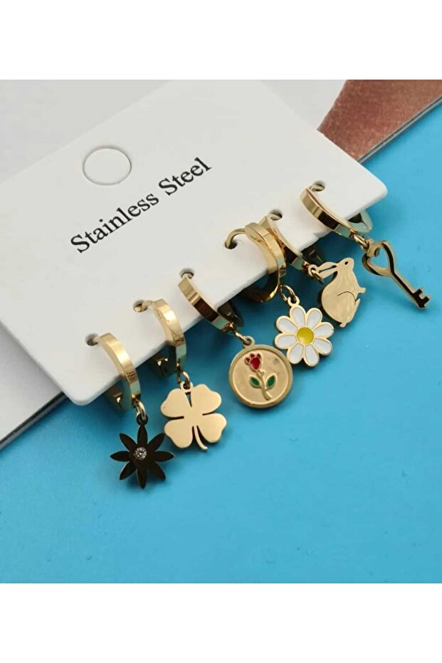 Daisy, Key, and Other Designs - Set of 6 Steel Earrings