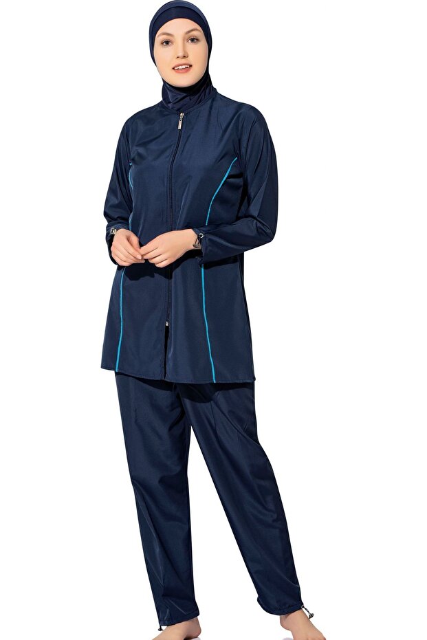 Long Sleeve Plain Simple Full Coverage Swimsuit 7102 Navy Blue Plus Size