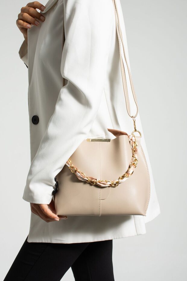 Women's Soft Leather 3-Compartment Handbag, Shoulder Bag with Scarf and Chain Accessories