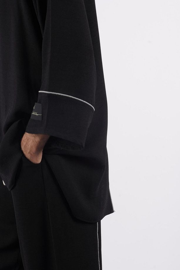 Unisex Tek Yırtmaç Siyah Oversize Keten Rahat Kalıp Alt Üst Takım - 4