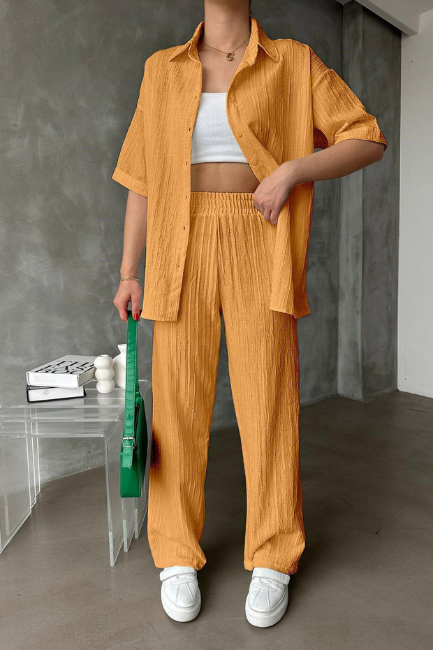 Women's Linen Crinkle Fabric Short Sleeve Shirt and Trousers Two-Piece Set
