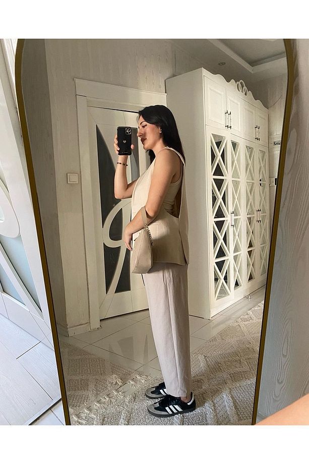 Orj Marka Bej Oversize Cut Out Astarlı Yelek - 5