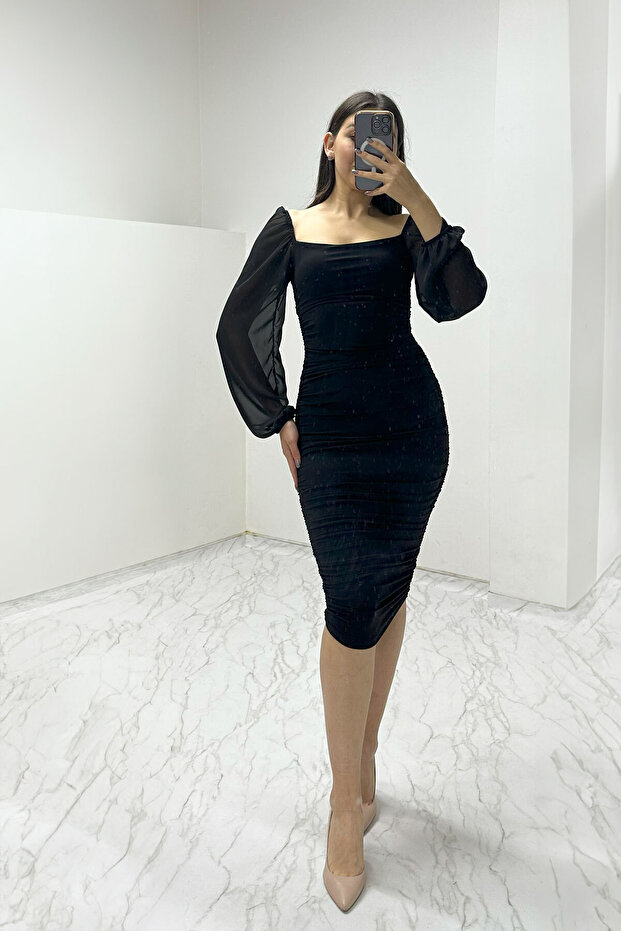 Women's Tulle Square Neck Draped Dress Black, Cobalt Blue, Pink, Lilac, Red, Powder