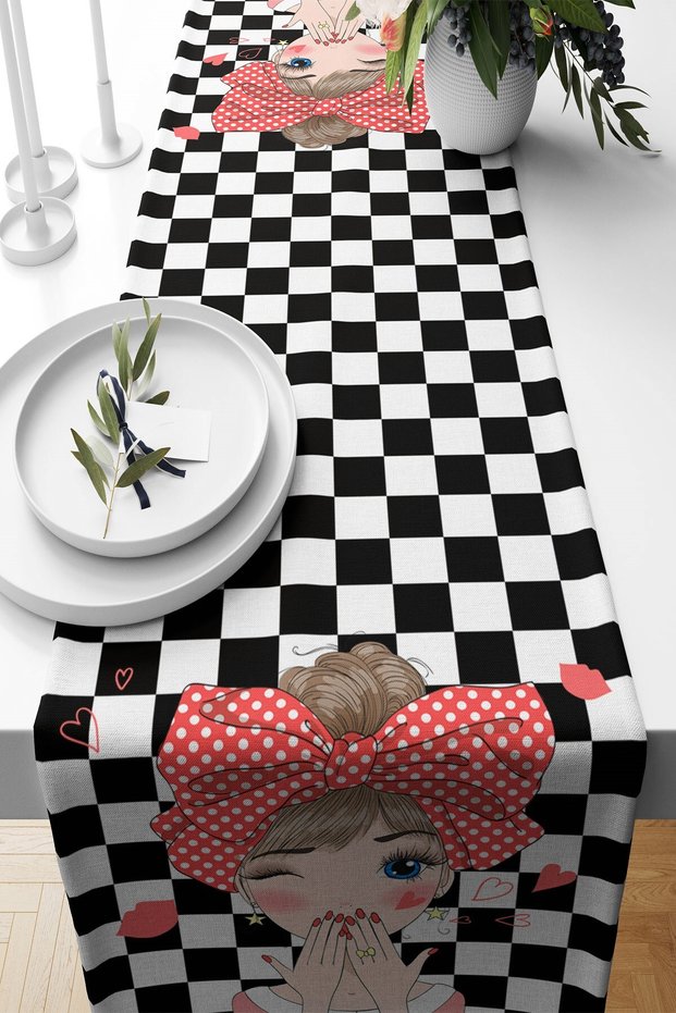 Black and White Checkerboard Pattern Stain Resistant Fabric Living Room Kitchen Table Changed Ranir Models Runner