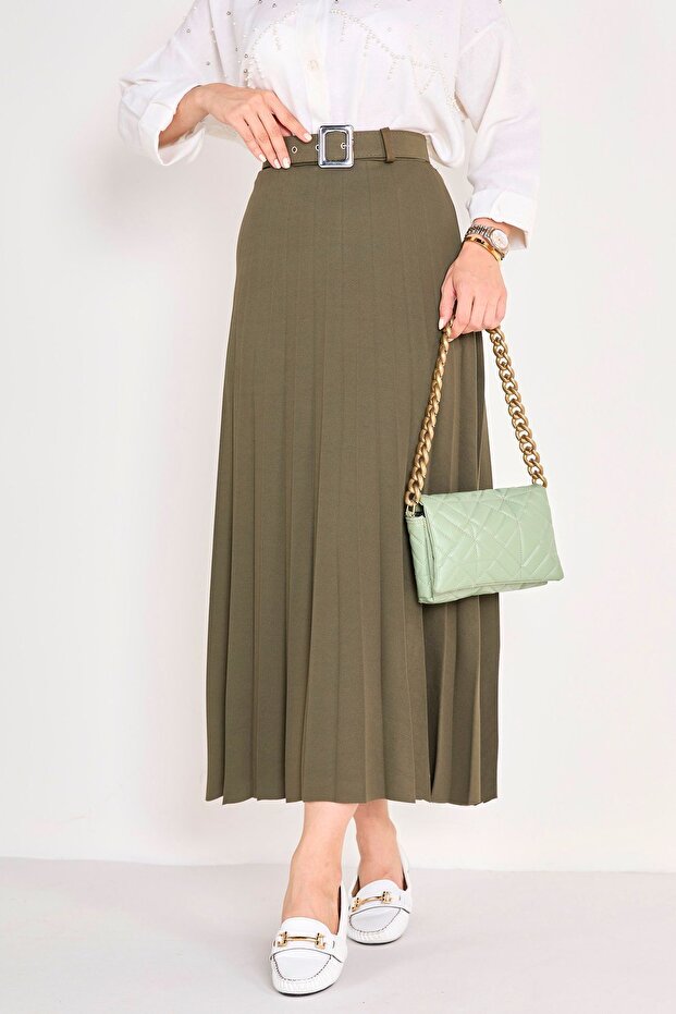 Belted Skirt - 23026-Haki