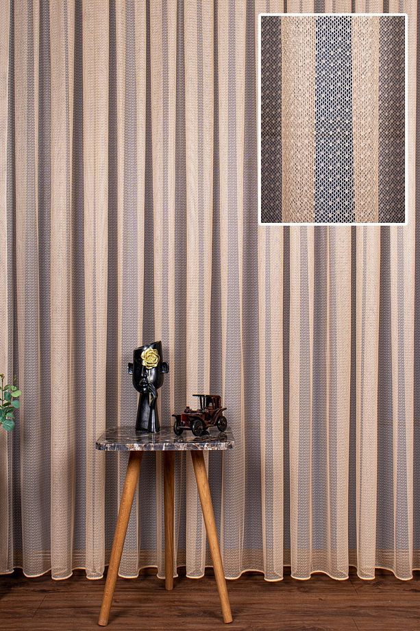 Sütlü Kahve Rengi Modern Desen Etek Kurşunlu Tül Perde, 300x260cm, 1/2,5 Normal Pile, Elısıon03041 - 1