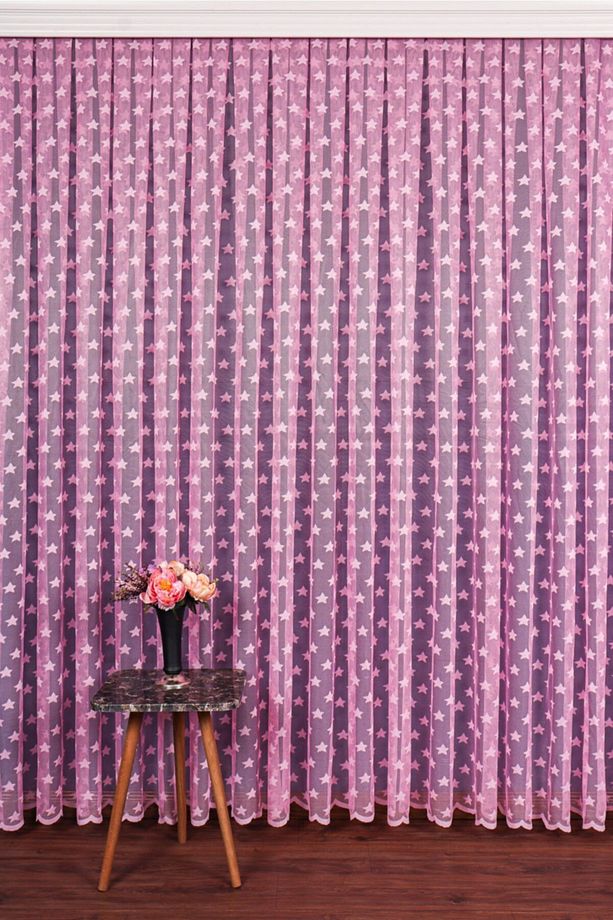 Pembe Rengi Yıldız Desen Örme Tül Perde, 300x250cm, 1/2 Seyrek Pile, Elısıon01701 - 1