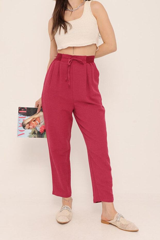 Women's Linen Textured Elastic Waist Burgundy Pants 50826