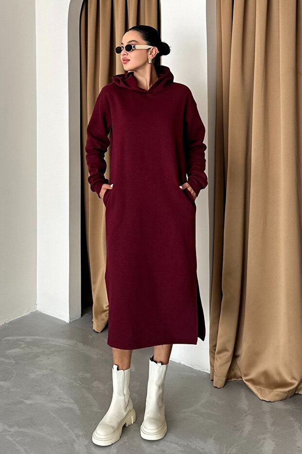 Rochie de damă lungă bordeaux cu glugă - 4