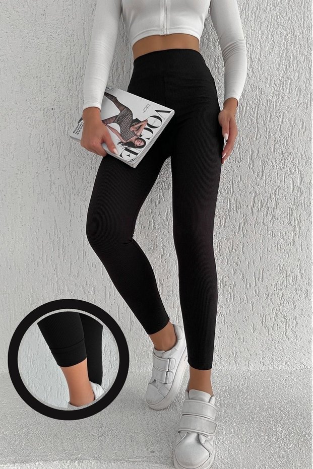 Women's Black Fleece Ribbed High Waist Tights
