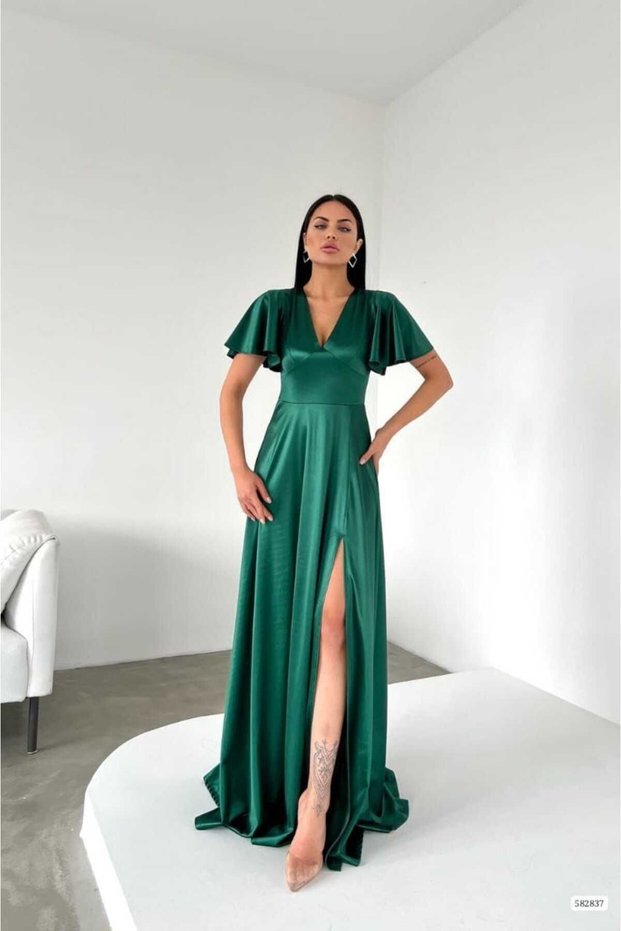 Women's Long Slit Bat Sleeve V-Neck Backless Evening Dress Engagement Wedding Night Dress Emerald Green