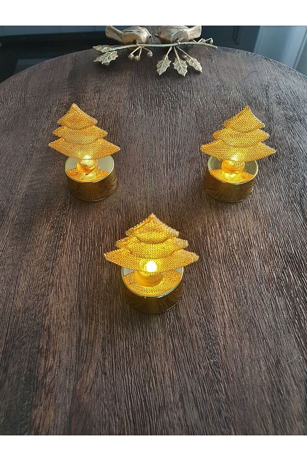Çam Ağacı Ledli Mum Tealight Işıklı Dumansız Sarı Pilli Led Mum 3 Adet (PİL DAHİL) - 3
