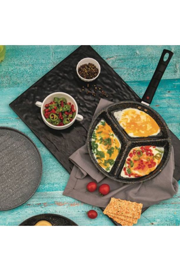 3 Gözlü Tava 24 Cm, Yumurta Omlet Krep 3 Bölmeli Non-stick Tava - 1