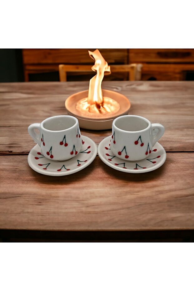 كوب سيراميك مصنوع يدويًا بنمط النقش الكرز 2 قطعة - 1