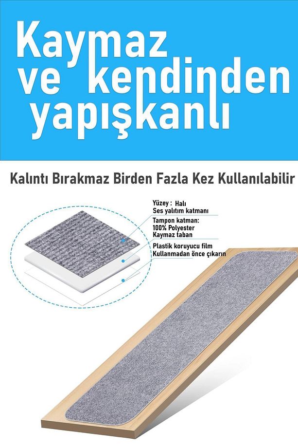 Halifleks Yapışkan Tabanlı Merdiven Basamak Paspası Rip Halı Kaymaz Tabanlı - Gri - 2