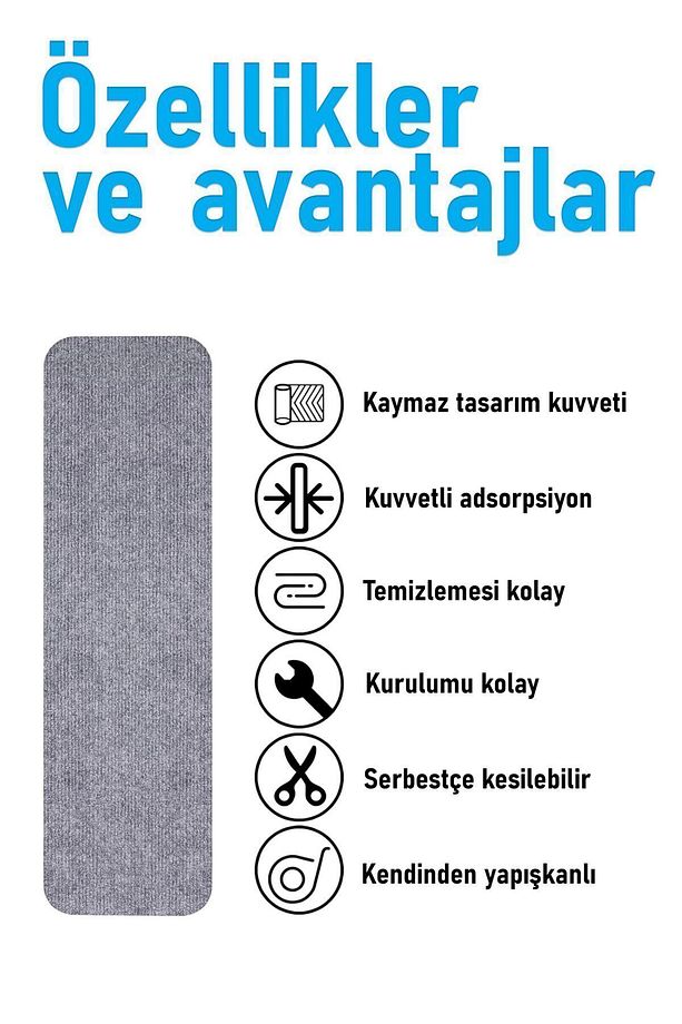 Halifleks Yapışkan Tabanlı Merdiven Basamak Paspası Rip Halı Kaymaz Tabanlı - Gri - 3