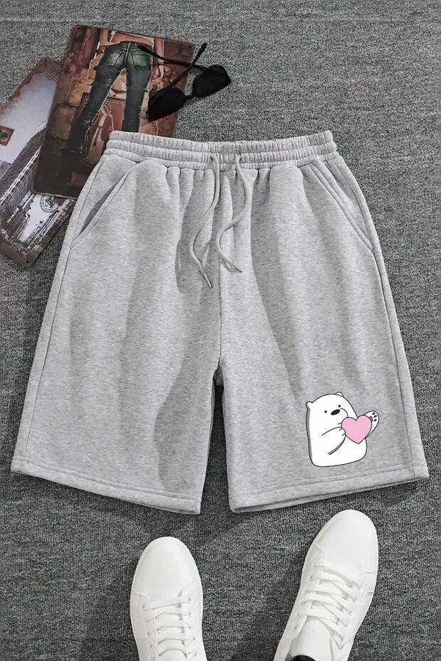 Heart and Teddy Bear Printed Gray Single Pocket Unisex Shorts for Women/Men