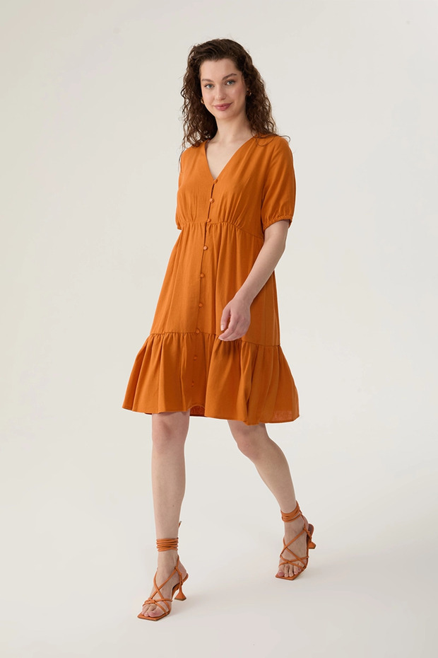 Orange Linen Dress - V-neck and Comfortable Fit