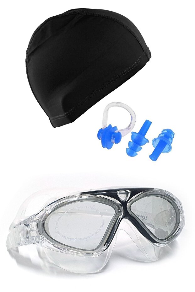 Waterproof Vacuum Swimming Goggles and Lycra Bonnet Earplug Nose Clip Set Full Pool Set
