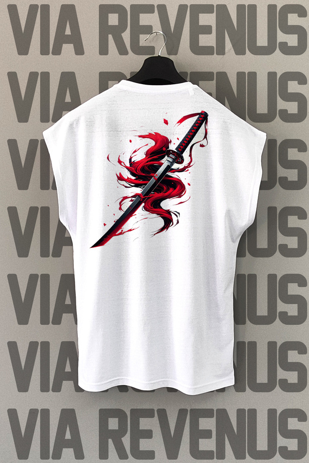Katana Back Printed Zero Sleeve White Sports T-Shirt