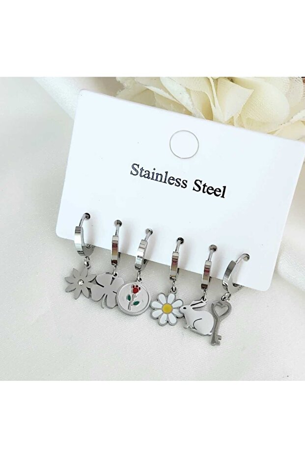 Daisy, Rose, Rabbit and Other Designs - 6-Piece Steel Earrings