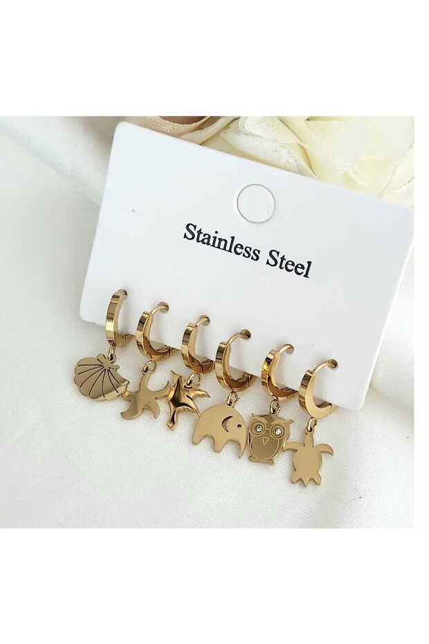 Set of 6 Steel Earrings with Owl, Turtle, and Various Animal Designs