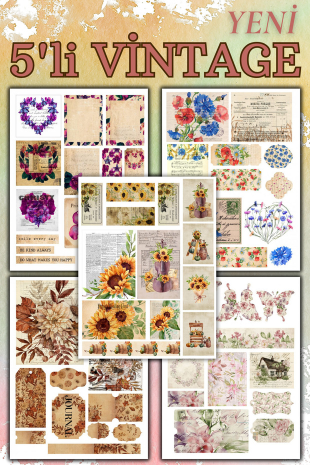 5-Piece Vintage Sticker Set - Waterproof Stickers for Planner, Agenda, Bullet Journal, Laptop, and Phone