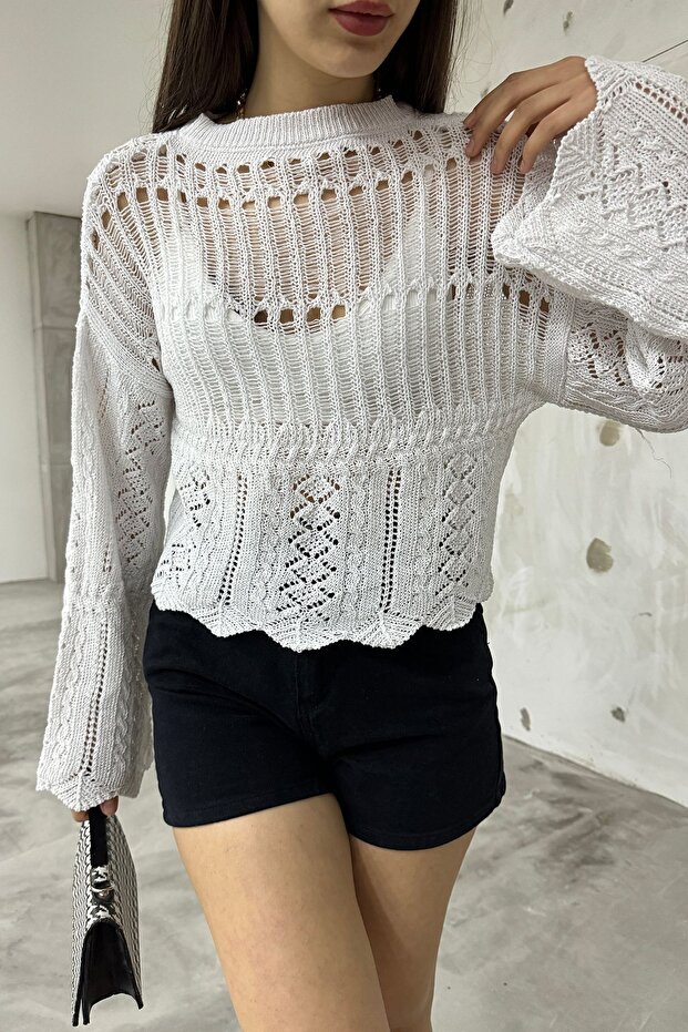Women's White Openwork Knitwear Blouse