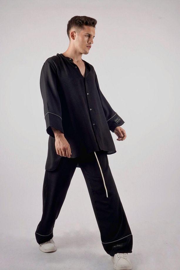 Unisex Tek Yırtmaç Siyah Oversize Keten Rahat Kalıp Alt Üst Takım - 2