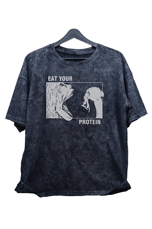 Unisex Eat Your Protein Written Washable T-Shirt, Oversized Aot Anime Printed Retro T-Shirt