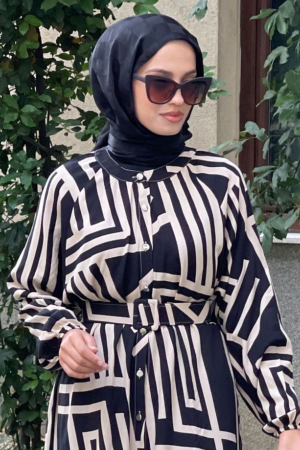 Kadın Siyah Bej Kemerli Oversize Yazlık Viskon Elbise - 5