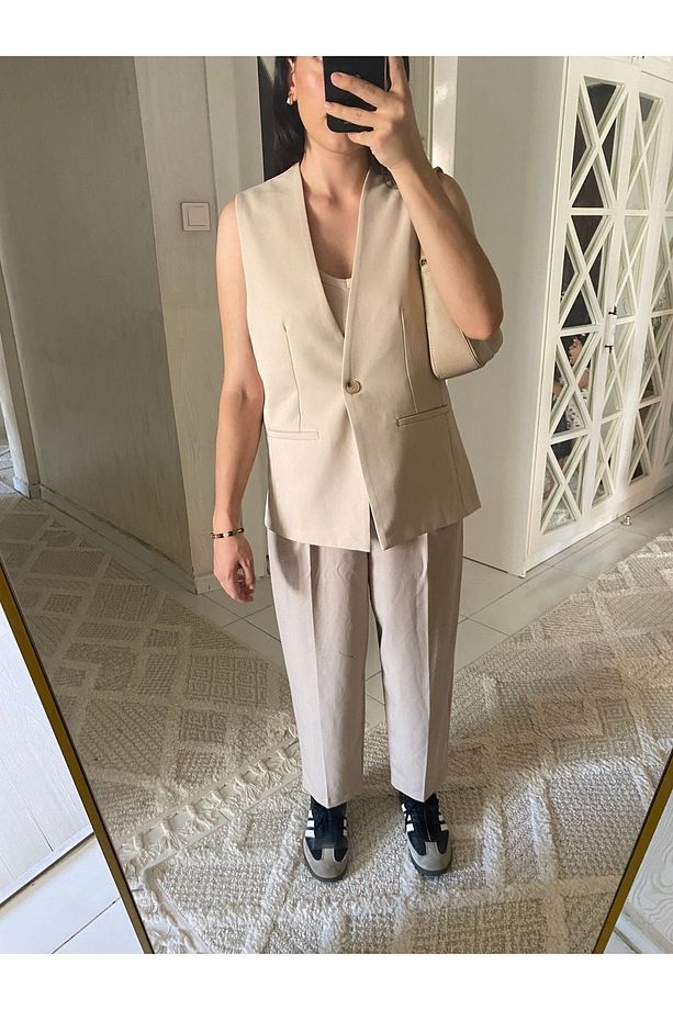 Orj Marka Bej Oversize Cut Out Astarlı Yelek - 3