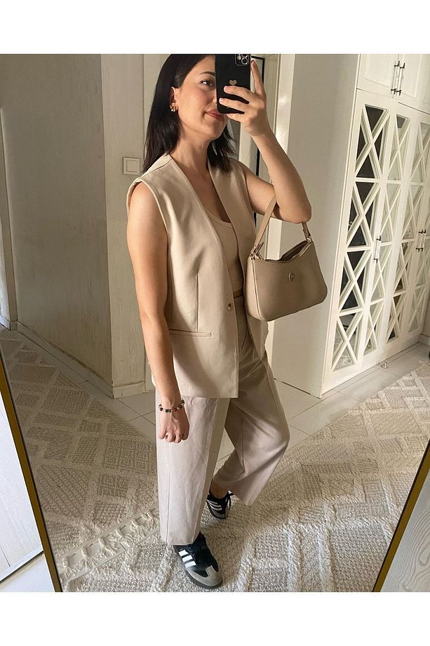 Orj Marka Bej Oversize Cut Out Astarlı Yelek - 6