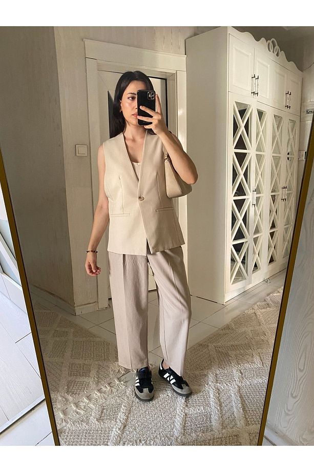 Orj Marka Bej Oversize Cut Out Astarlı Yelek - 1
