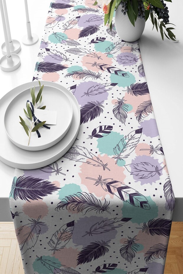 White Feather Pattern Stain Resistant Fabric Living Room Kitchen Table Changed Ranir Models Runner