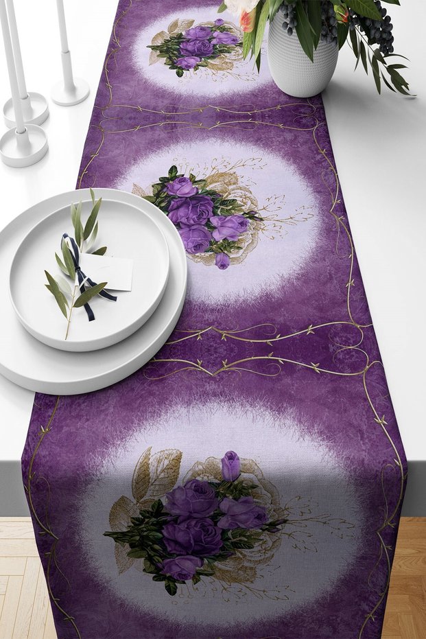 Floral Patterned Stain Resistant Fabric Living Room Kitchen Table Change Ranir Models Runner on Purple Floor