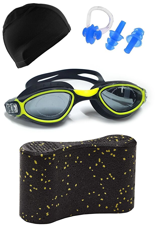 Pro Swimmer Set Swimming Goggles and Lycra Bonnet Earplugs Nose Clip and Pull Buoy Pool Set