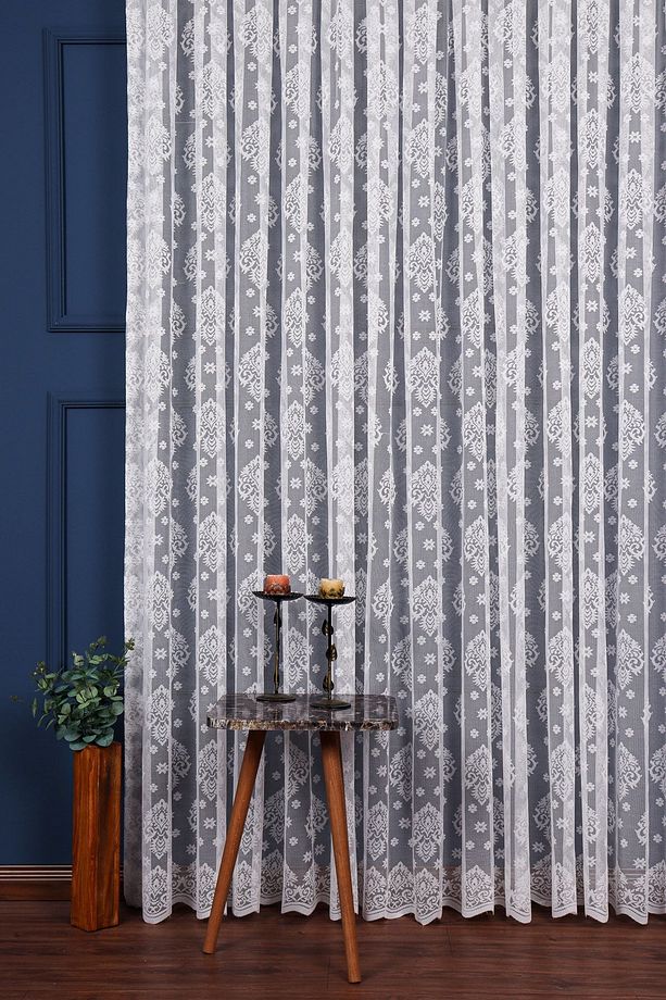 Ekru Damaks Desen Örme Tül Perde 300x260 cm - 1