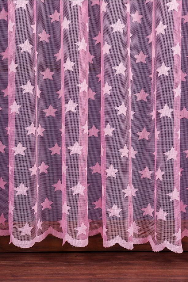 Pembe Rengi Yıldız Desen Örme Tül Perde, 300x250cm, 1/2 Seyrek Pile, Elısıon01701 - 5
