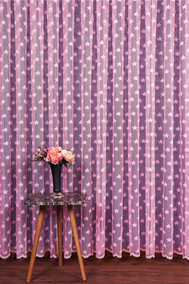 Pembe Rengi Yıldız Desen Örme Tül Perde, 300x250cm, 1/2 Seyrek Pile, Elısıon01701 - 2