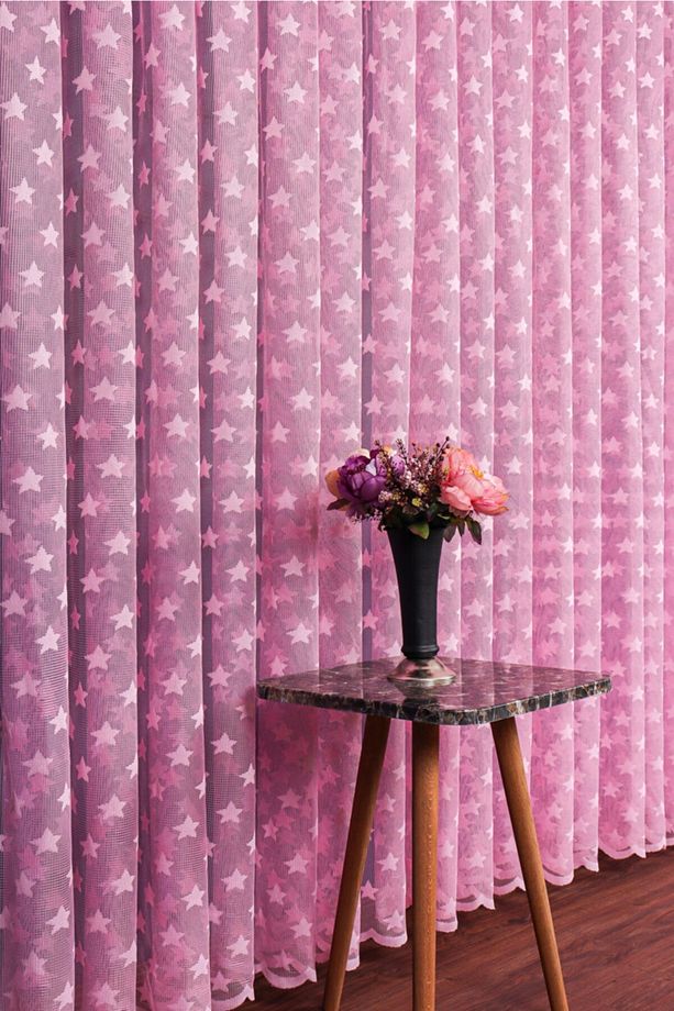 Pembe Rengi Yıldız Desen Örme Tül Perde, 300x250cm, 1/2 Seyrek Pile, Elısıon01701 - 3