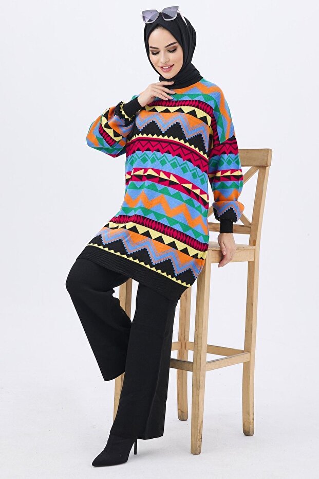 Black Knitwear Tunic and Trousers Set - Plain Medium Women - 21834