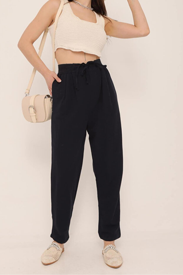 Women's Linen Textured Black Pants with Elastic Waist 50826