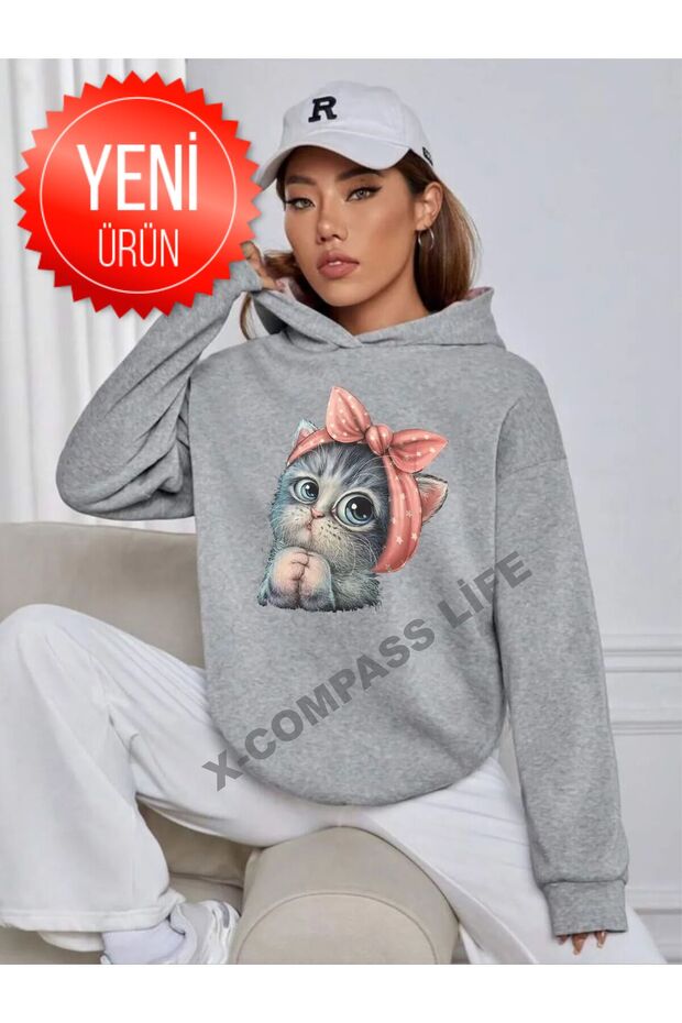 KADIN /KIZ KAPŞONLU OWERSIZ SWEATSHIRT KEDI BASKILI MEVSIMLIK - 1