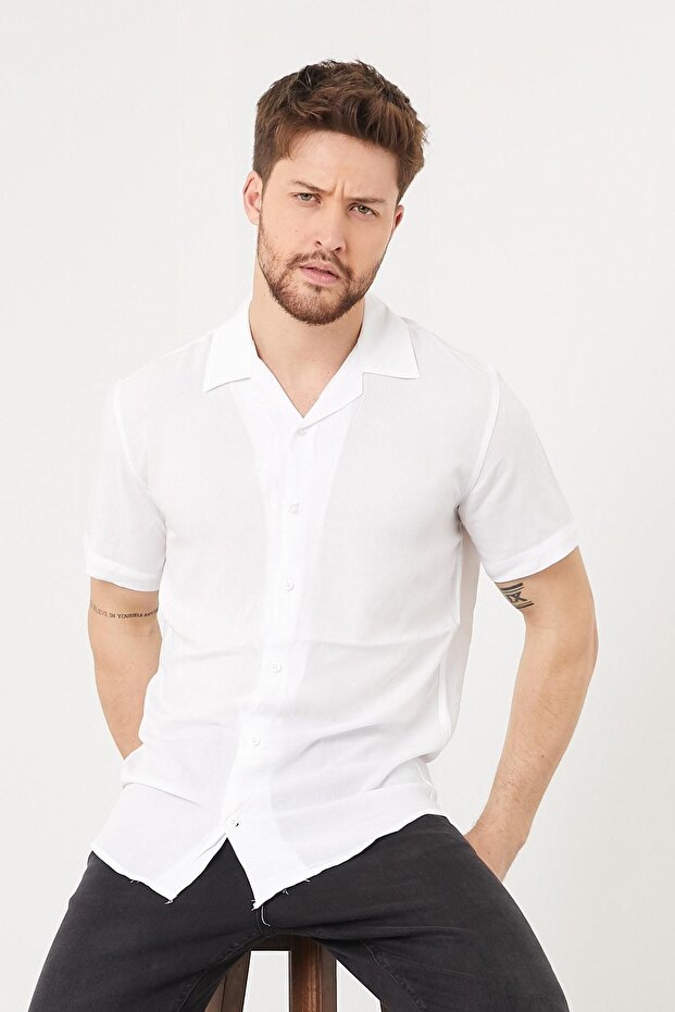 Men's Slim Fit Linen Open Collar Short Sleeve Shirt White